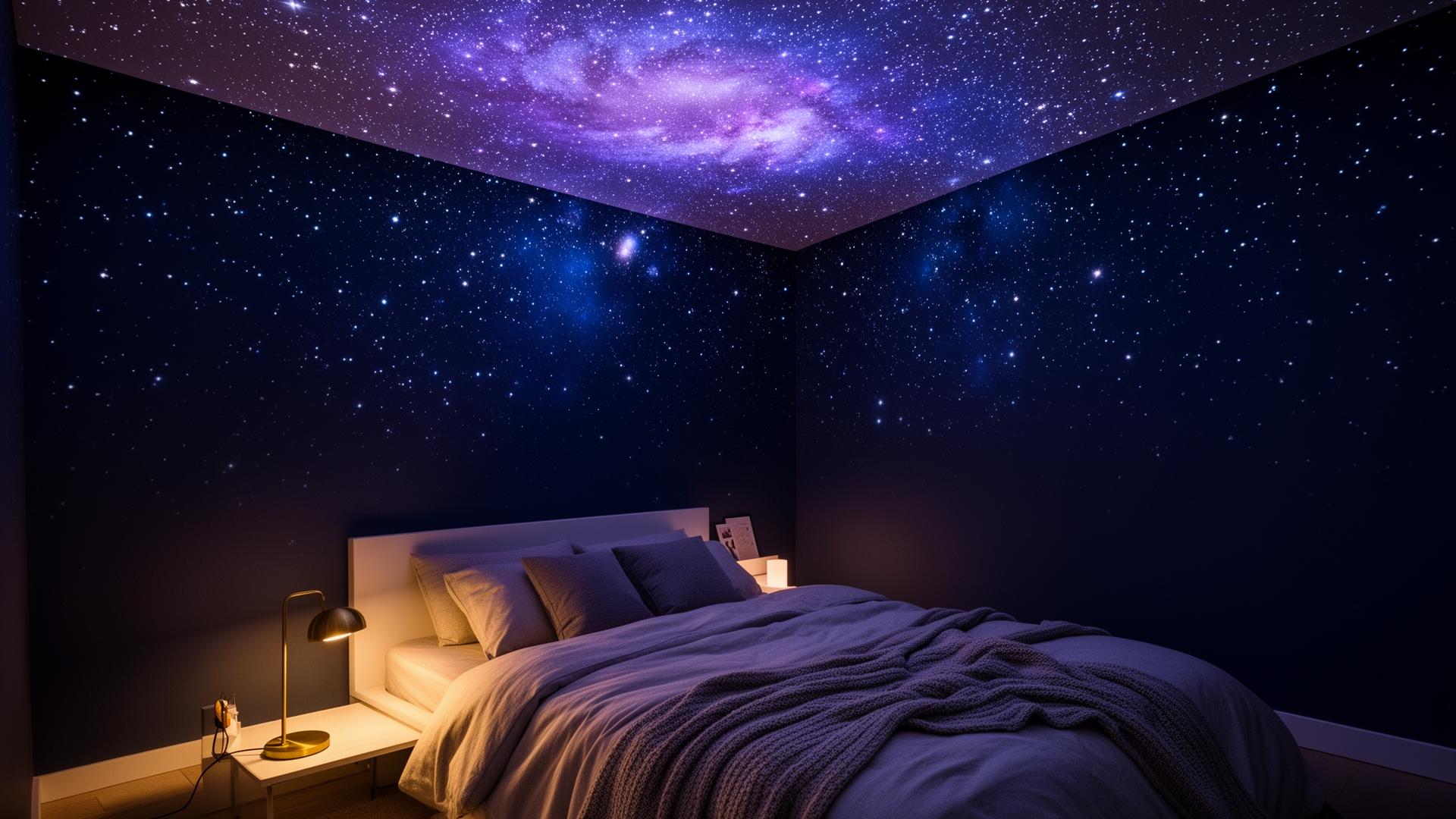 Cosy bedroom with the StarVibe galaxy projector lighting the ceiling with thousands of stars and a purple nebula