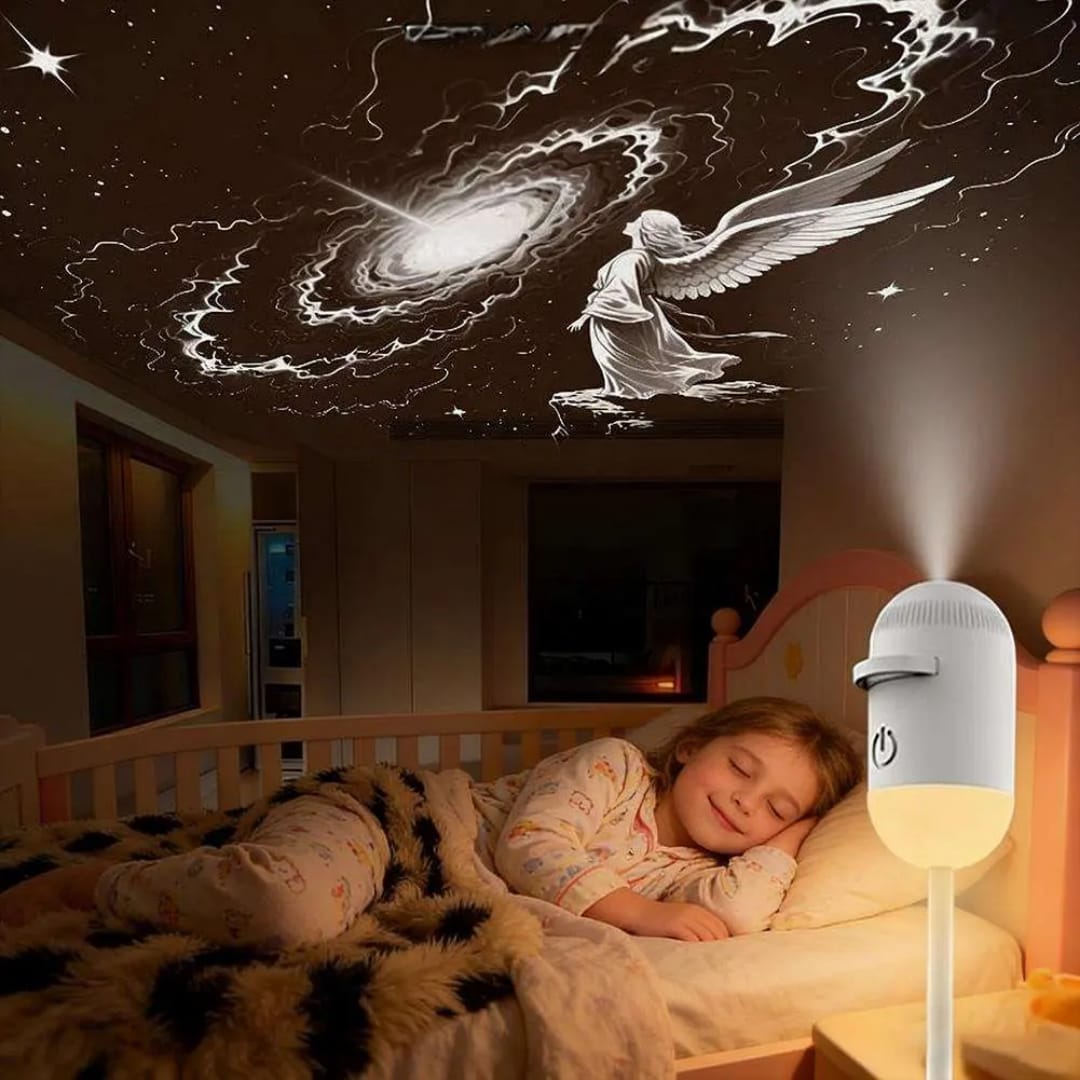StarVibe projector lighting a bedroom ceiling with galaxy